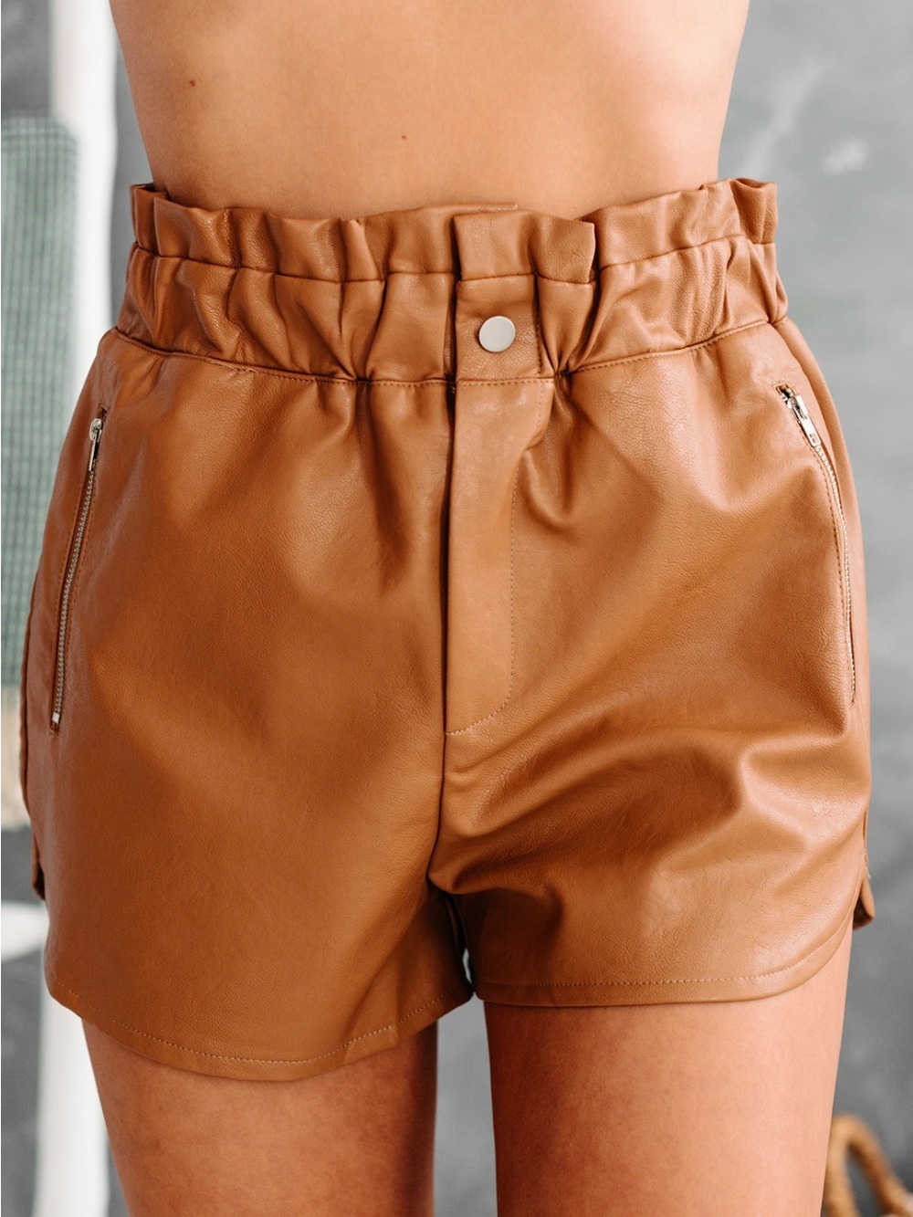Gilli High-Waist Camel Faux Leather Paperbag Shorts